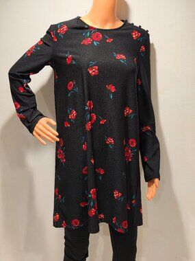 Mango Black Floral Dress Red Flower Print Round Neck Short Sleeve Size 6 Small